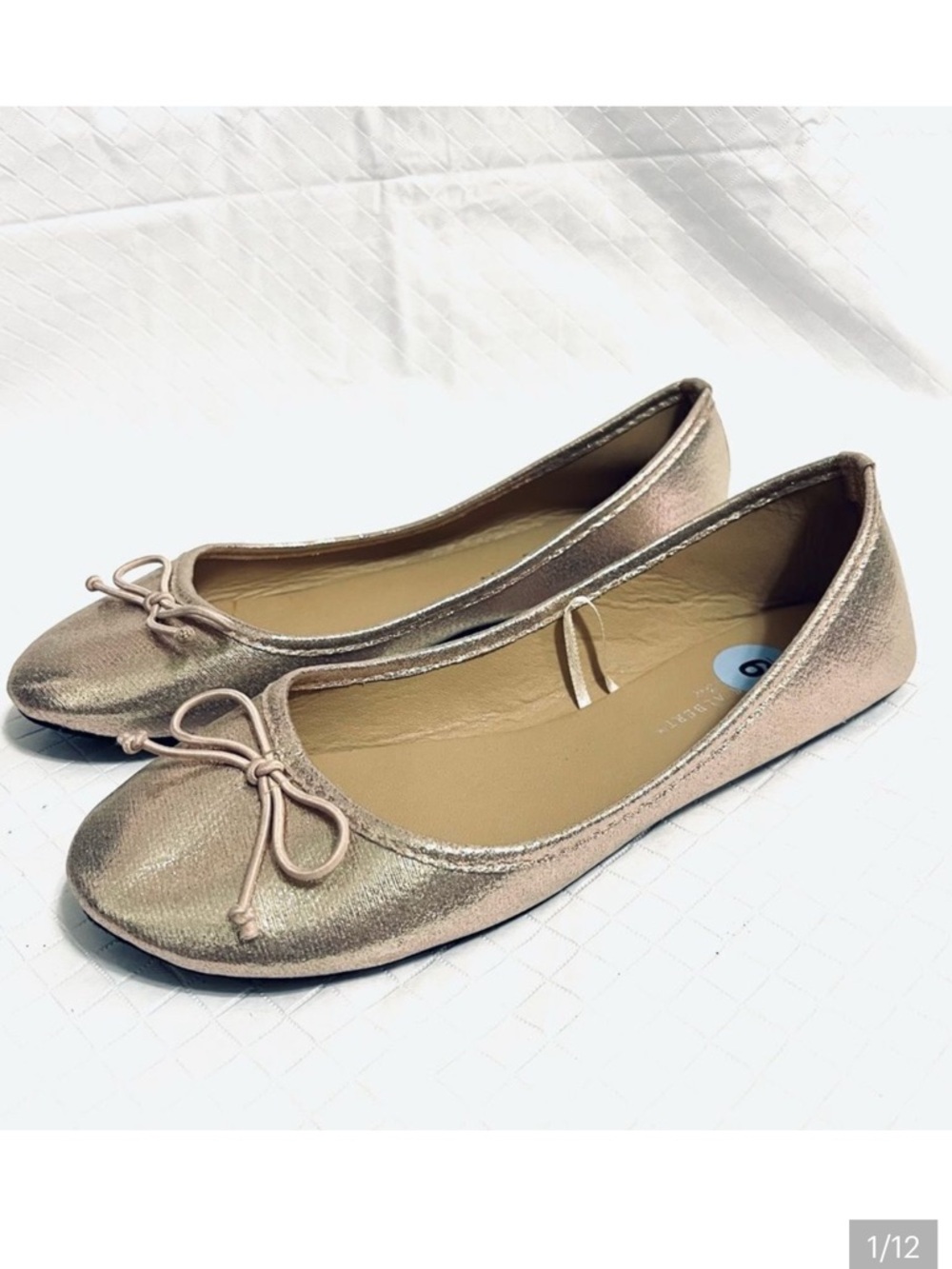 Charles Albert Gold Metallic Ballet Flats Bow Detail Shiny Balletcore Size 9